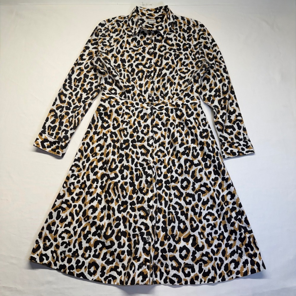 J.Crew Leopard Print Shirt Dress Size 4 Animal Print Cotton Stretch Midi‎ Safari